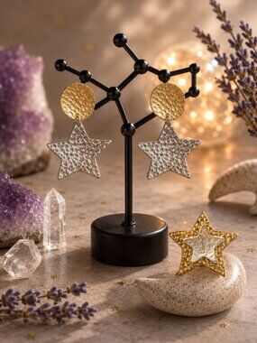 Hammered Star Dangle Earrings and Ring Set Celestial Two-Tone Gold Silver 1.8"
